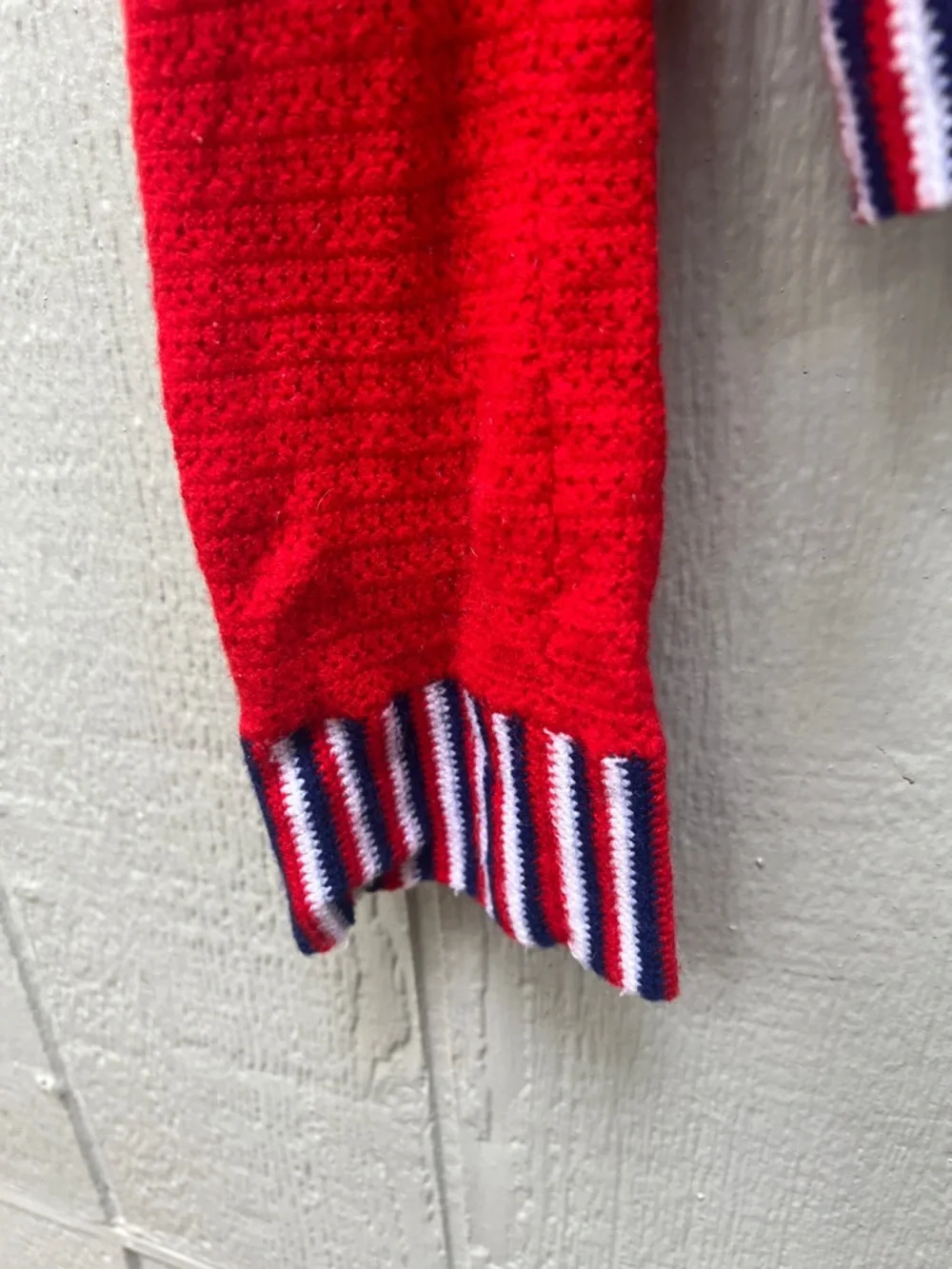 Vintage Red Button-Up Sweater with Striped Trim - Picture 6 of 6